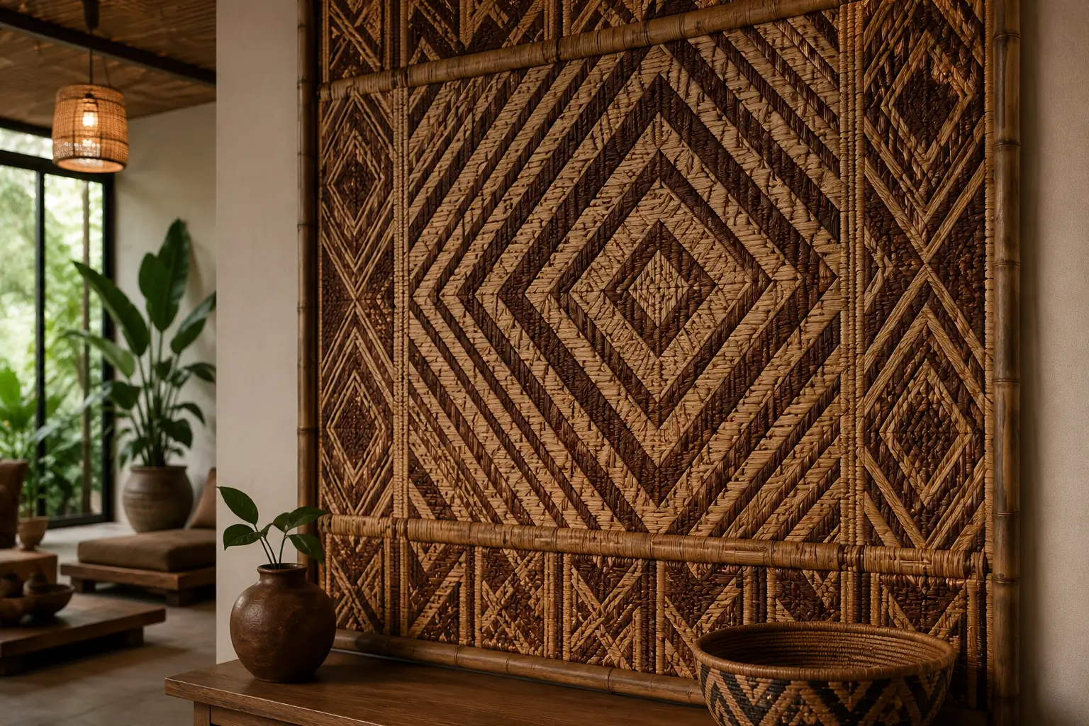 Painel de Esteira Baniwa de Arumã Para Arquitetura de Interiores Biofílica