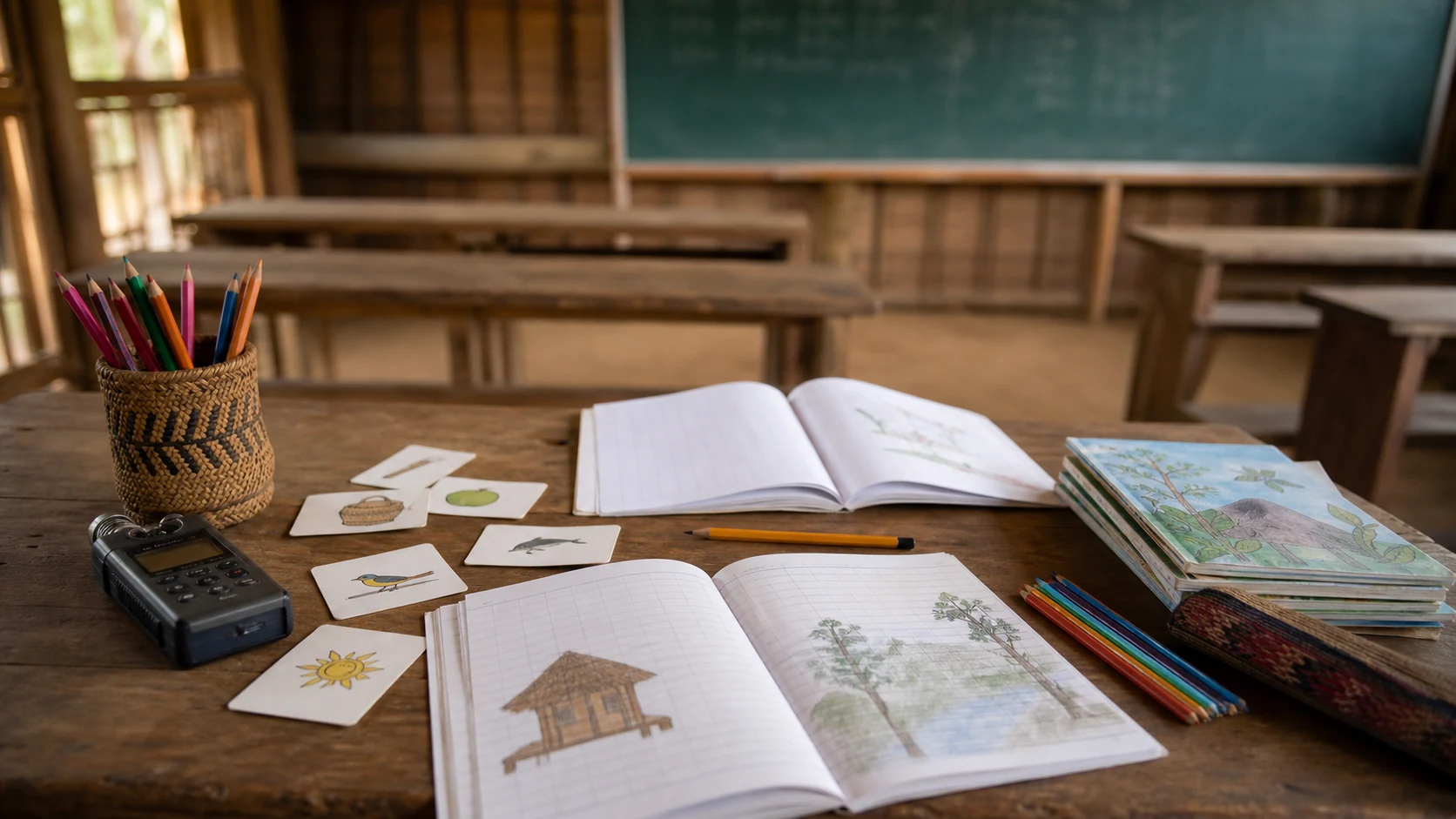 Sala comunitaria com cadernos, cartoes visuais e materiais escolares para educacao bilingue indigena